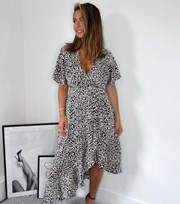 AX Paris Black Animal Print Asymmetric Frill Hem Midi Dress